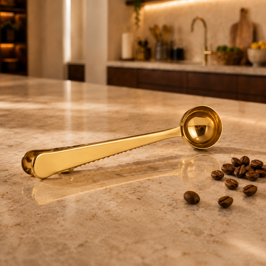 Colher Medidora Para Café com Prendedor em Aço Inoxidável - Dourado