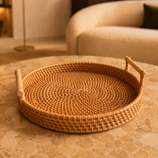 Bandeja Decorativa Redonda em Rattan - Trama Natural