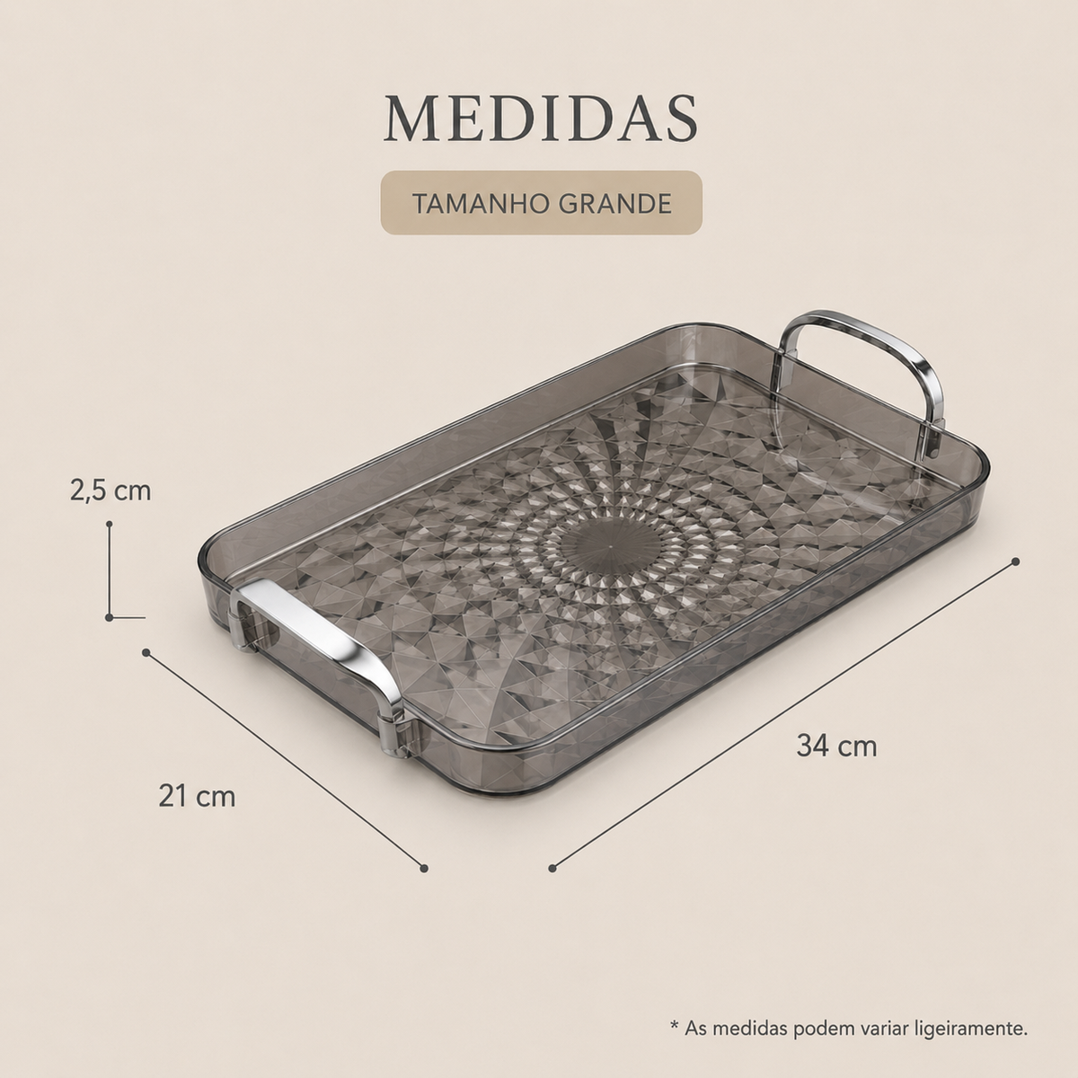 Bandeja Decorativa Facetada Com Alças Metálicas - Grande