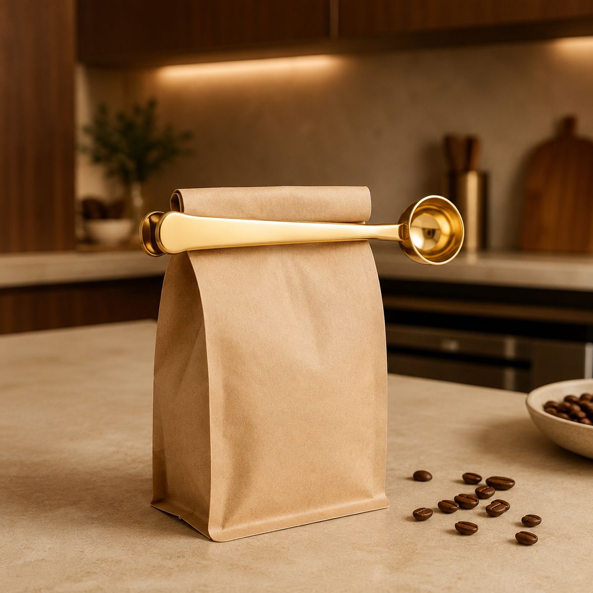 Colher Medidora Para Café com Prendedor em Aço Inoxidável Dourado