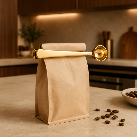 Colher Medidora Para Café com Prendedor em Aço Inoxidável Dourado