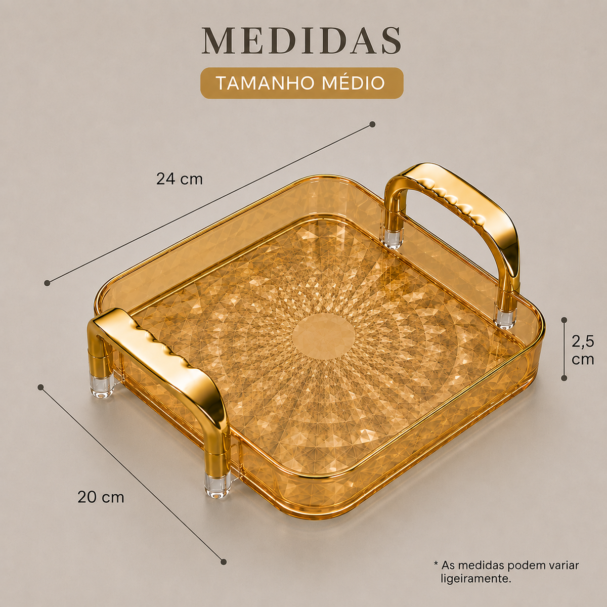Bandeja Decorativa Facetada Com Alças Metálicas - Média