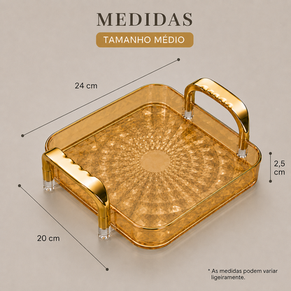 Bandeja Decorativa Facetada Com Alças Metálicas - Média