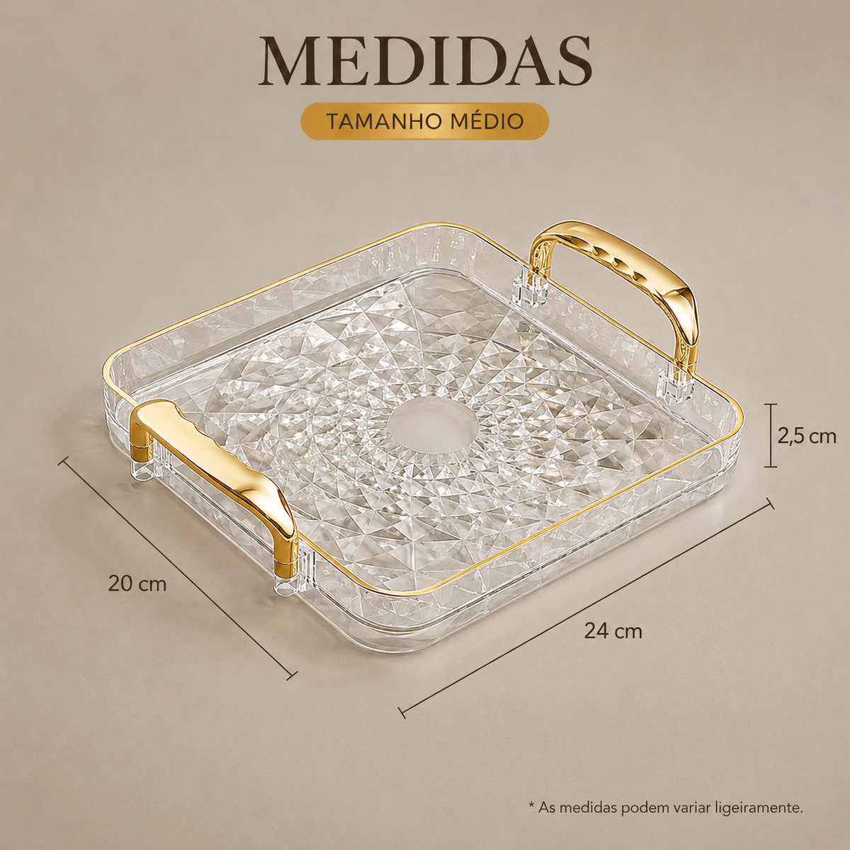 Bandeja Decorativa Facetada Com Alças Metálicas Média
