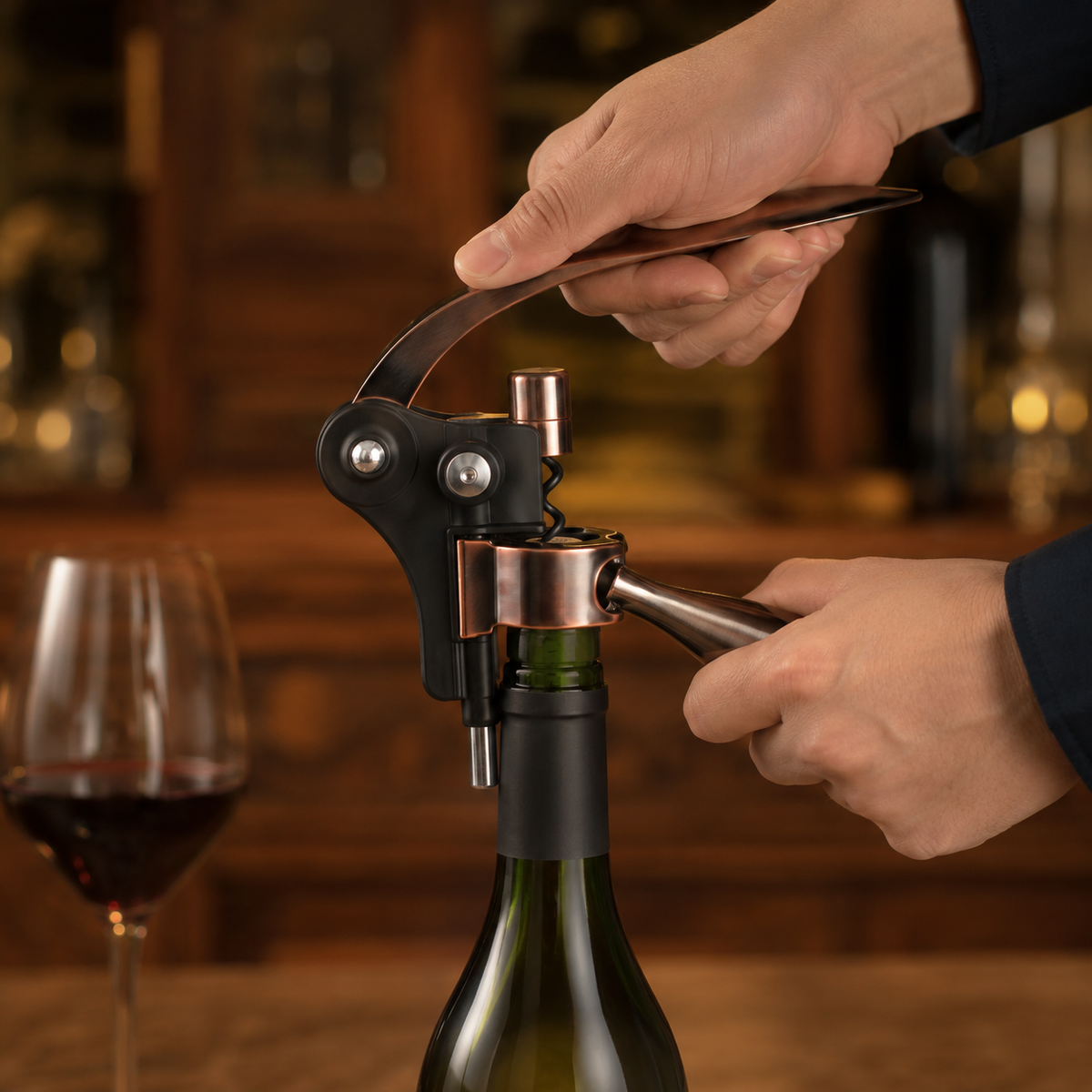 Abridor de Vinho Com Alavanca em Liga de Zinco - Preto e Cobre