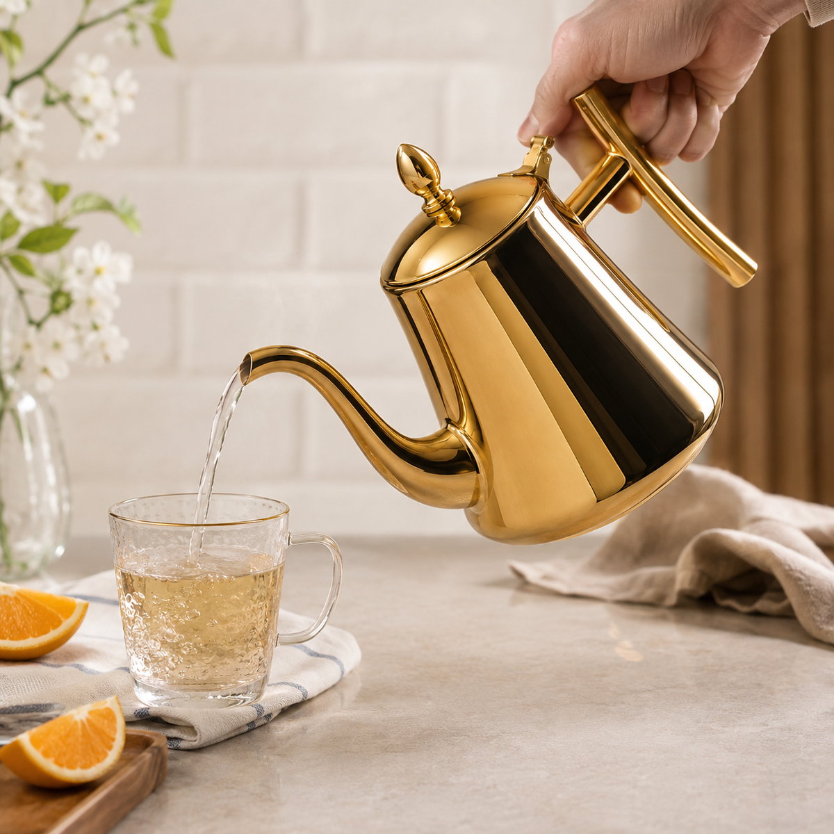 Chaleira De Chá Em Aço Inox 304 Com Infusor - Dourada