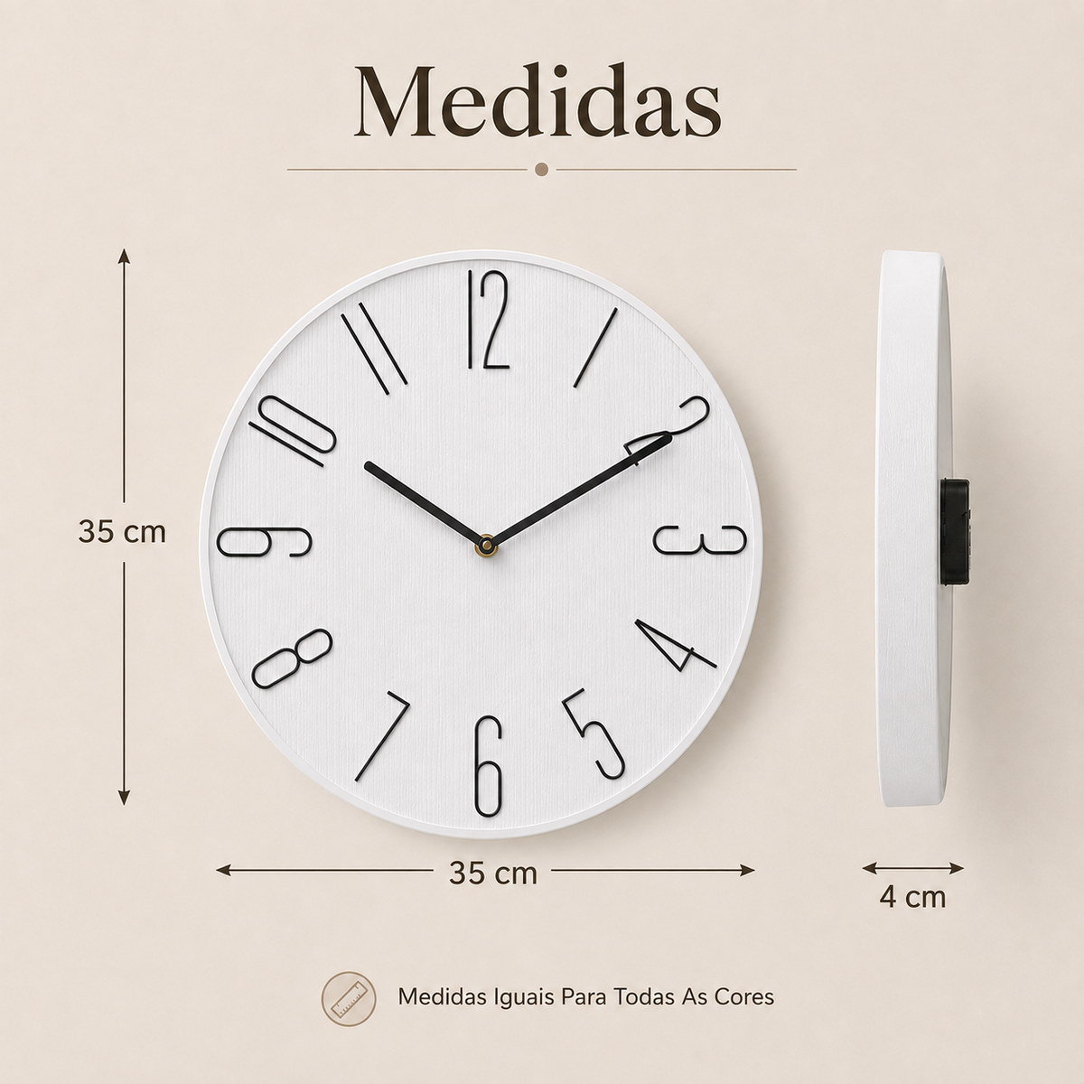 Relógio De Parede Minimalista Com Números Metálicos - Branco