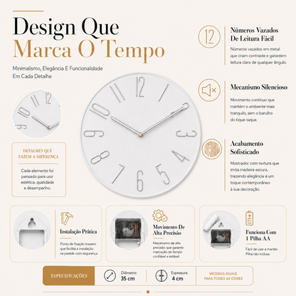 Relógio De Parede Minimalista Com Números Metálicos - Branco
