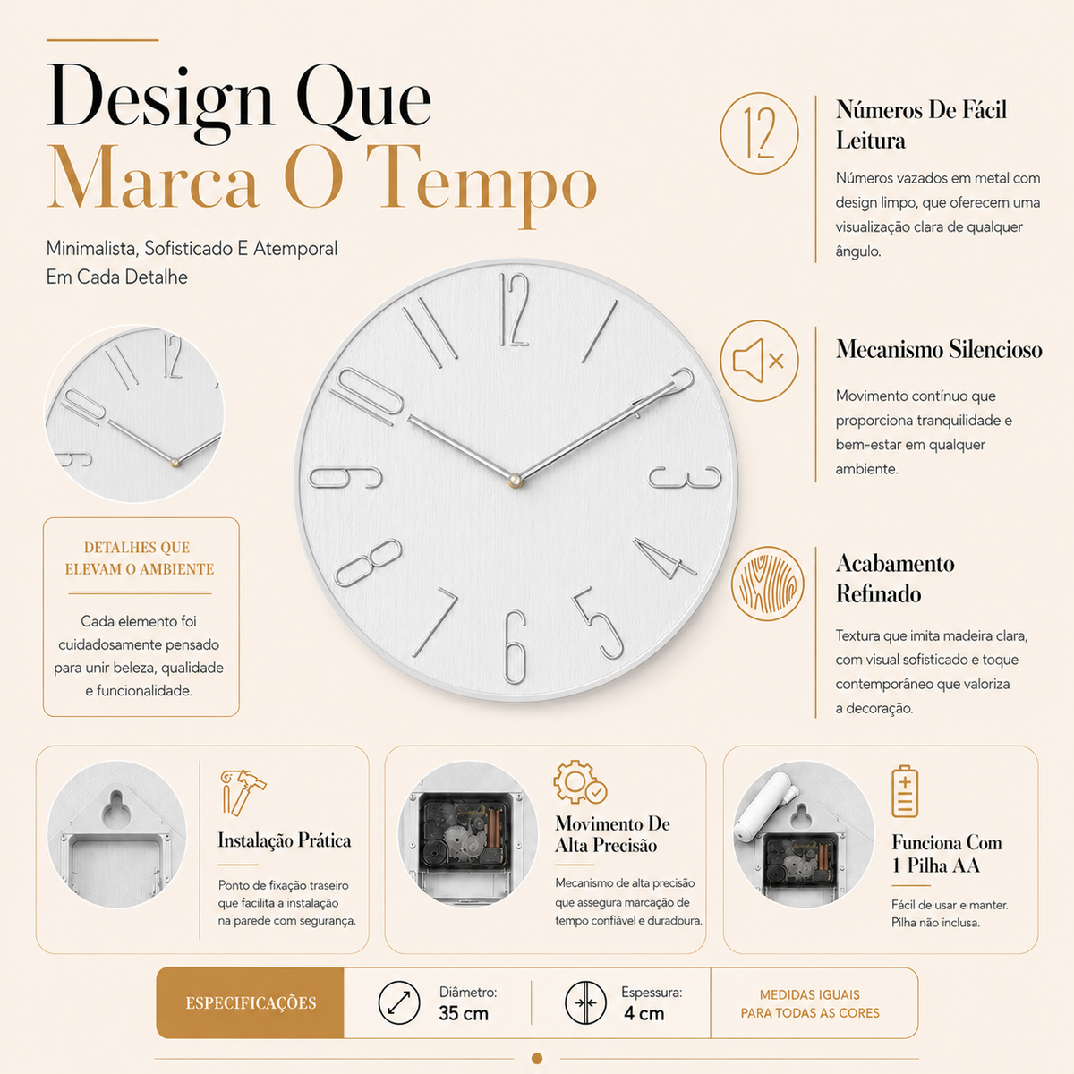 Relógio De Parede Minimalista Com Números Metálicos - Cinza