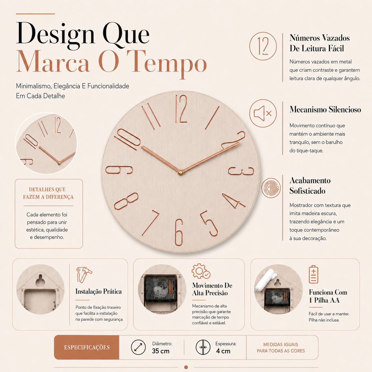 Relógio De Parede Minimalista Com Números Metálicos - Greige
