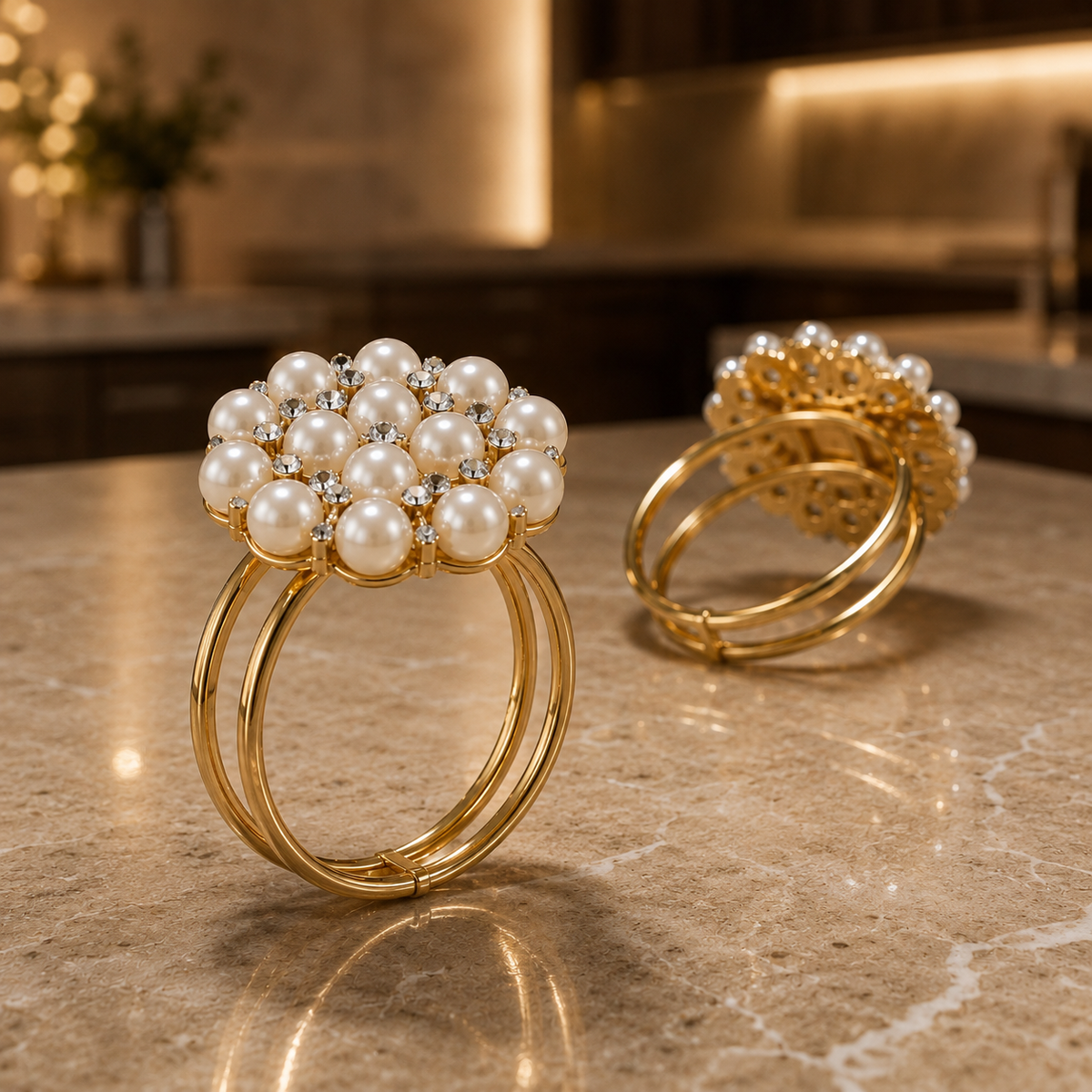Kit Porta-Guardanapos Florais - Pérolas Strass e Acabamento Dourado - 6 Peças