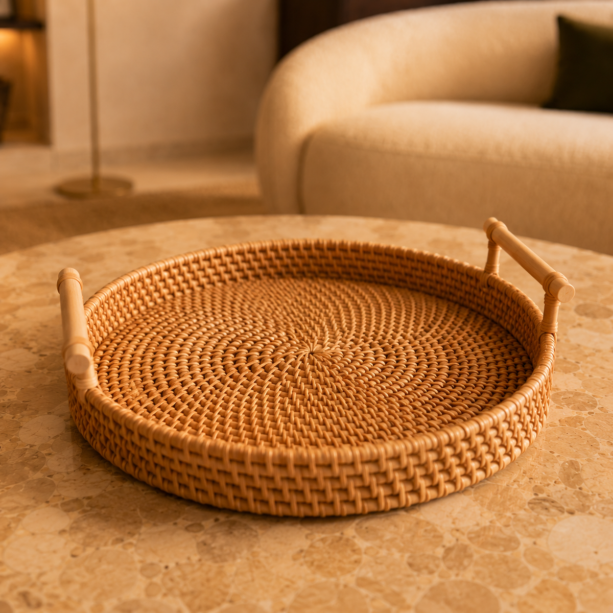 Bandeja Decorativa Redonda em Rattan - Trama Natural