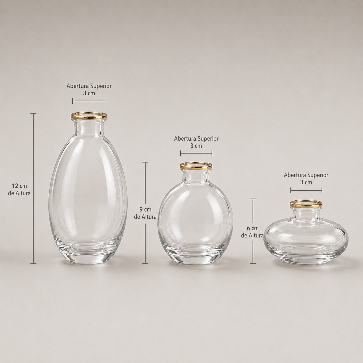 Conjunto de Mini Vasos Decorativos em Vidro - Borda Dourada
