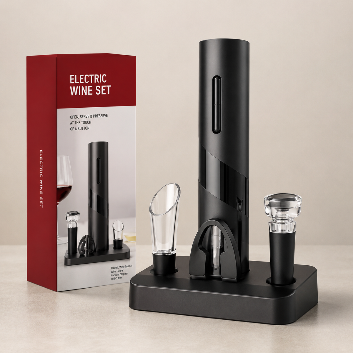 Kit Sommelier Elétrico Para Vinho Vittorio 4 Em 1 Com Base