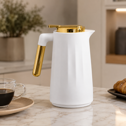 Garrafa Térmica Siena Com Acionamento Superior Branco e Dourado