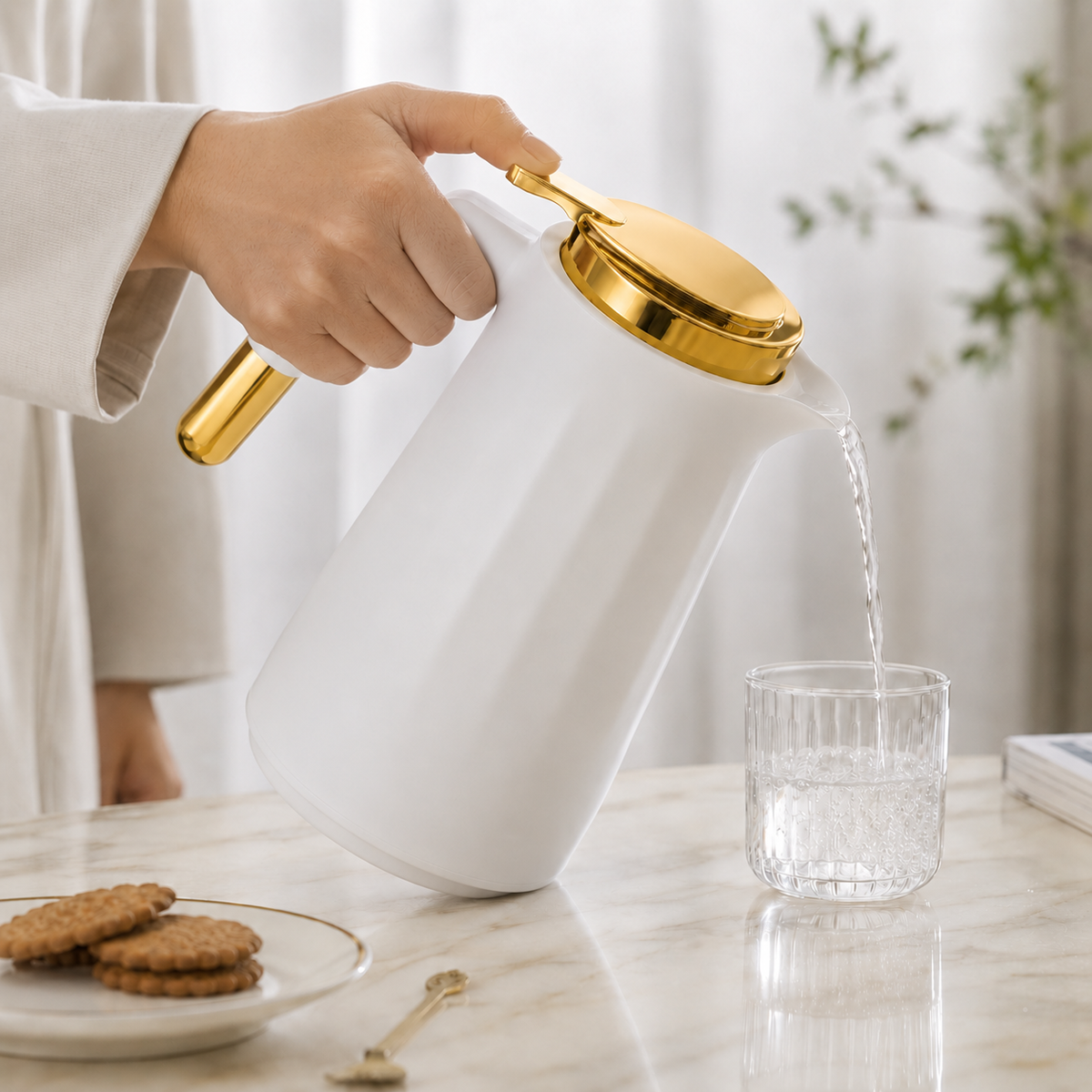 Garrafa Térmica Siena Com Acionamento Superior Branco e Dourado