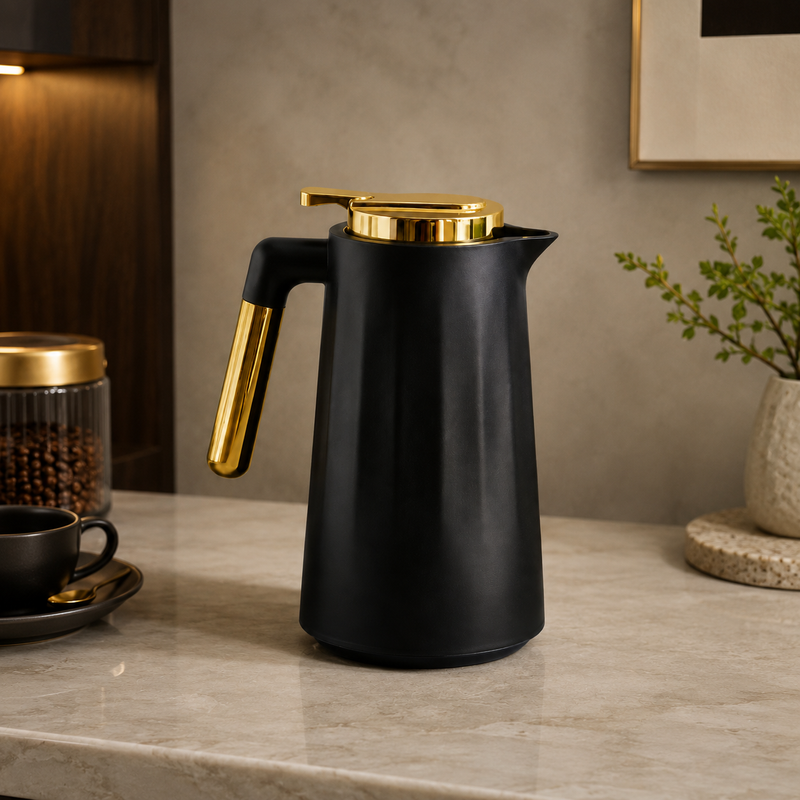 Garrafa Térmica Siena Com Acionamento Superior Preto e Dourado