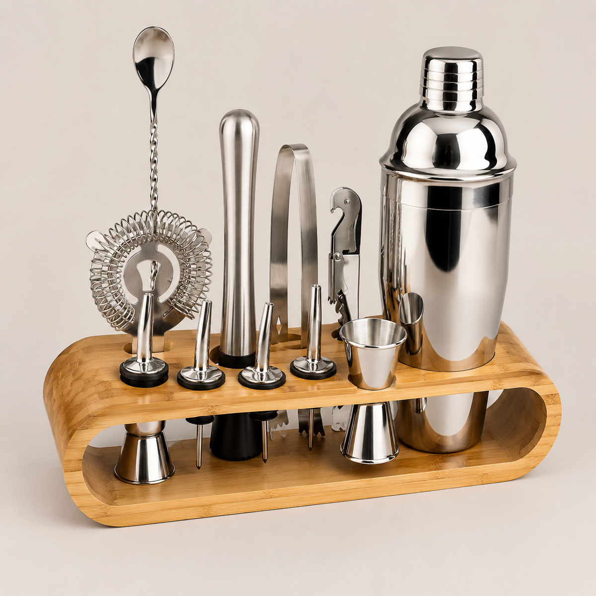 Kit de Coquetel Com Suporte Curvo de Bambu - 10 Peças