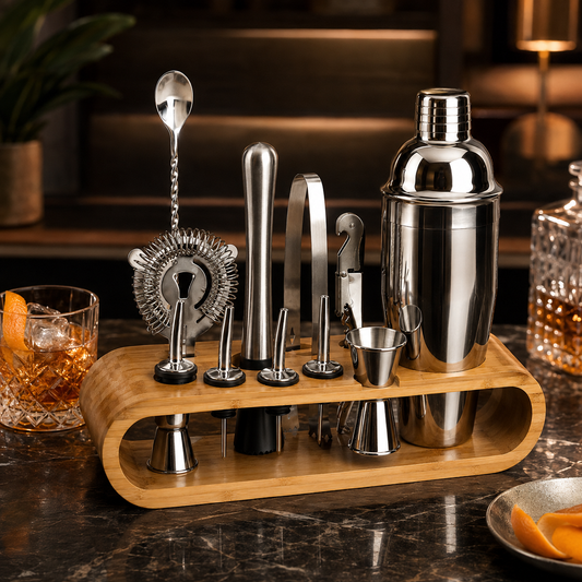 Kit de Coquetel Com Suporte Curvo de Bambu - 10 Peças