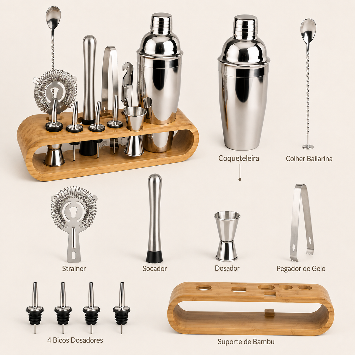 Kit de Coquetel Com Suporte Curvo de Bambu - 10 Peças