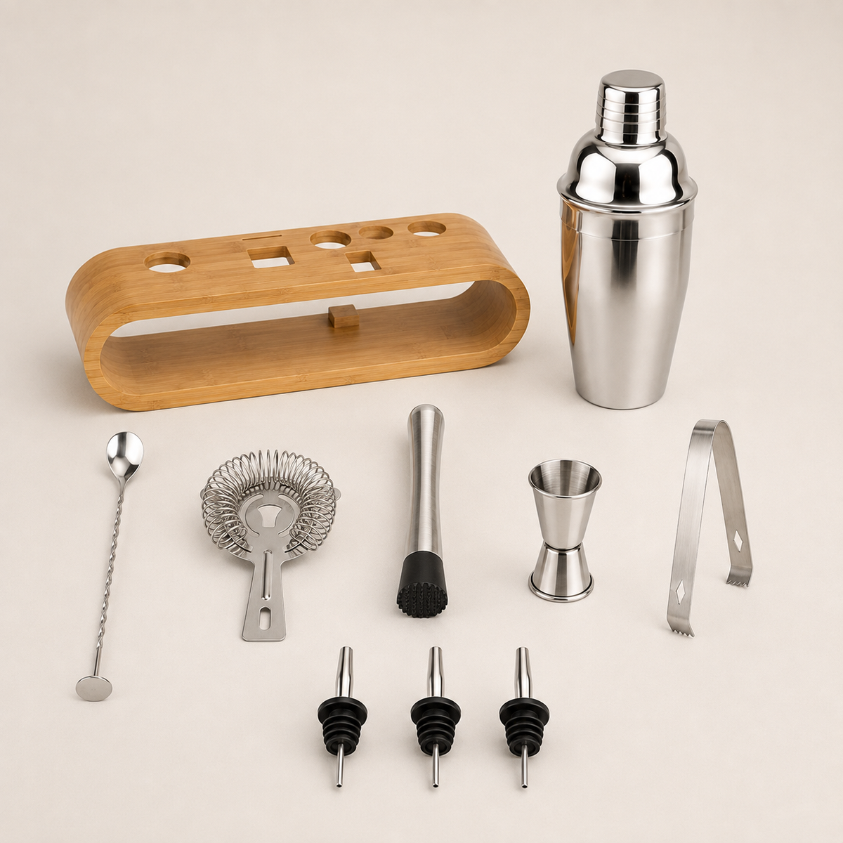 Kit de Coquetel Com Suporte Curvo de Bambu - 10 Peças