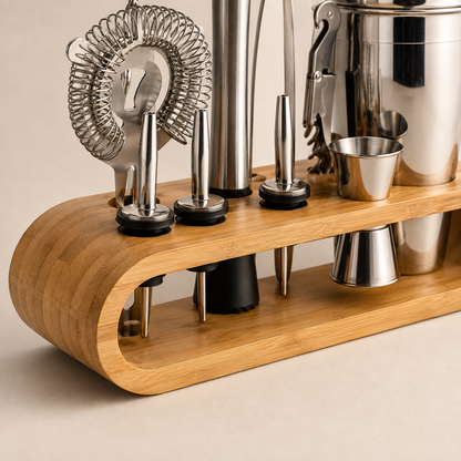 Kit de Coquetel Com Suporte Curvo de Bambu - 10 Peças