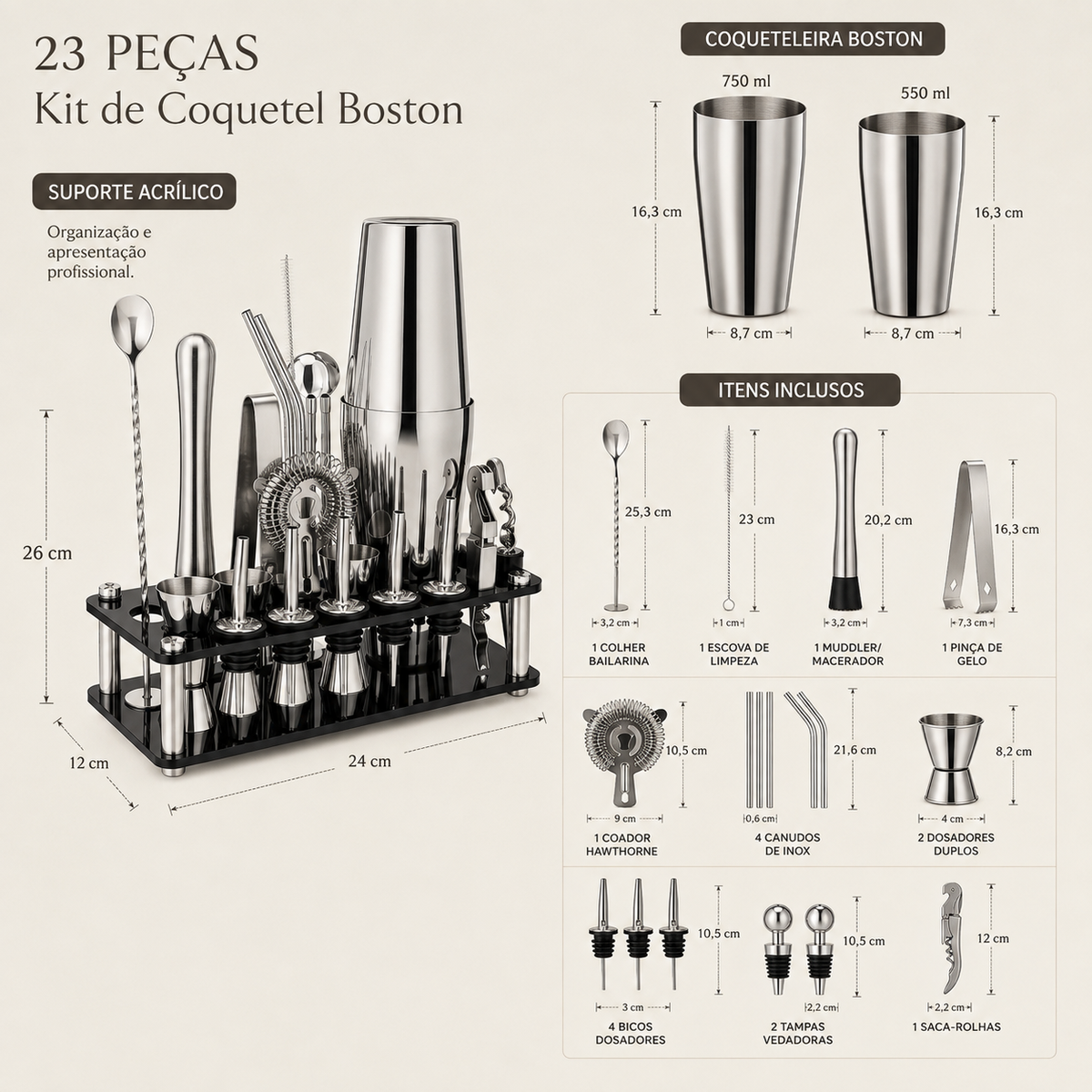 Kit de Coquetel Boston Com Base Acrílica Preta - 23 Peças