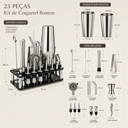 Kit de Coquetel Boston Com Base Acrílica Preta - 23 Peças