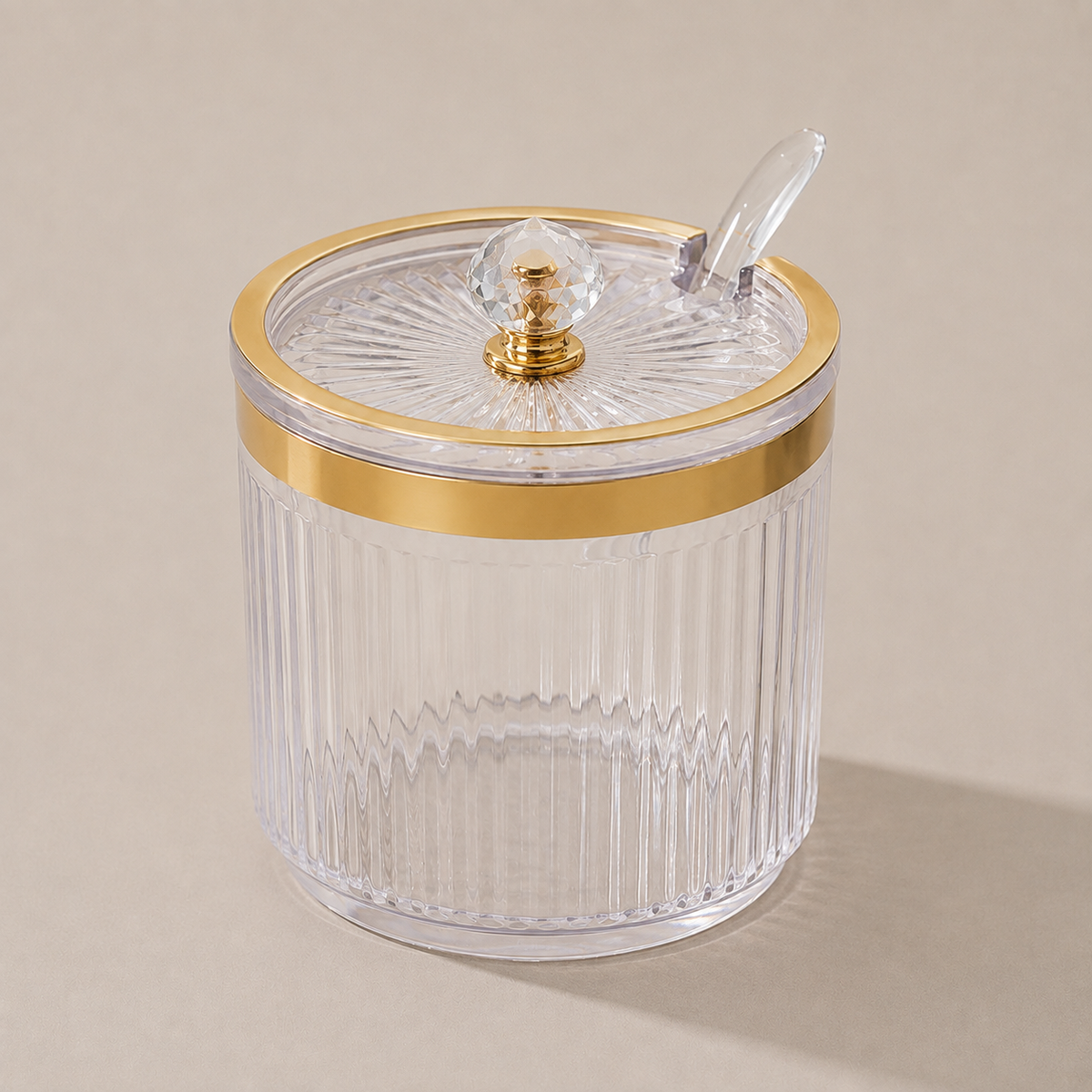 Porta-Temperos Canelado Com Tampa e Colher - Transparente e Dourado