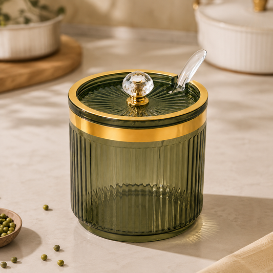 Porta-Temperos Canelado Com Tampa e Colher - Verde Oliva