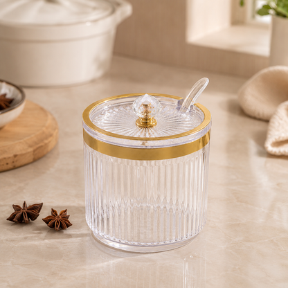 Porta-Temperos Canelado Com Tampa e Colher - Transparente e Dourado