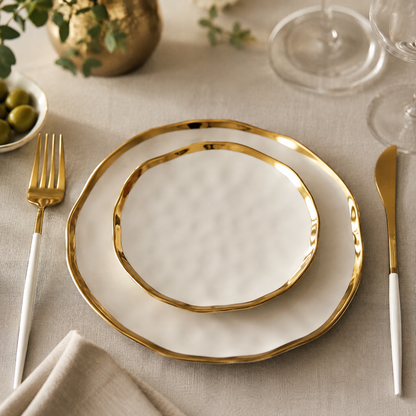 Prato Cerâmico Orgânico Borda Dourada - Ivory