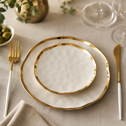 Prato Cerâmico Orgânico Borda Dourada - Ivory