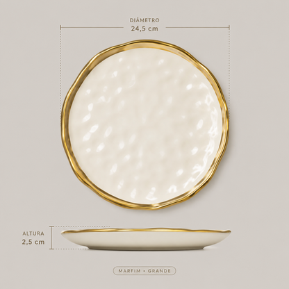 Prato Cerâmico Orgânico Borda Dourada - Ivory