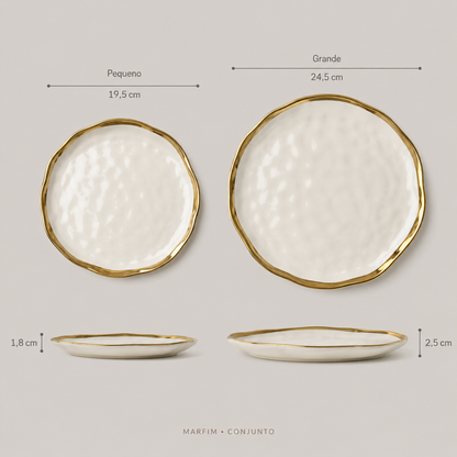 Prato Cerâmico Orgânico Borda Dourada - Ivory