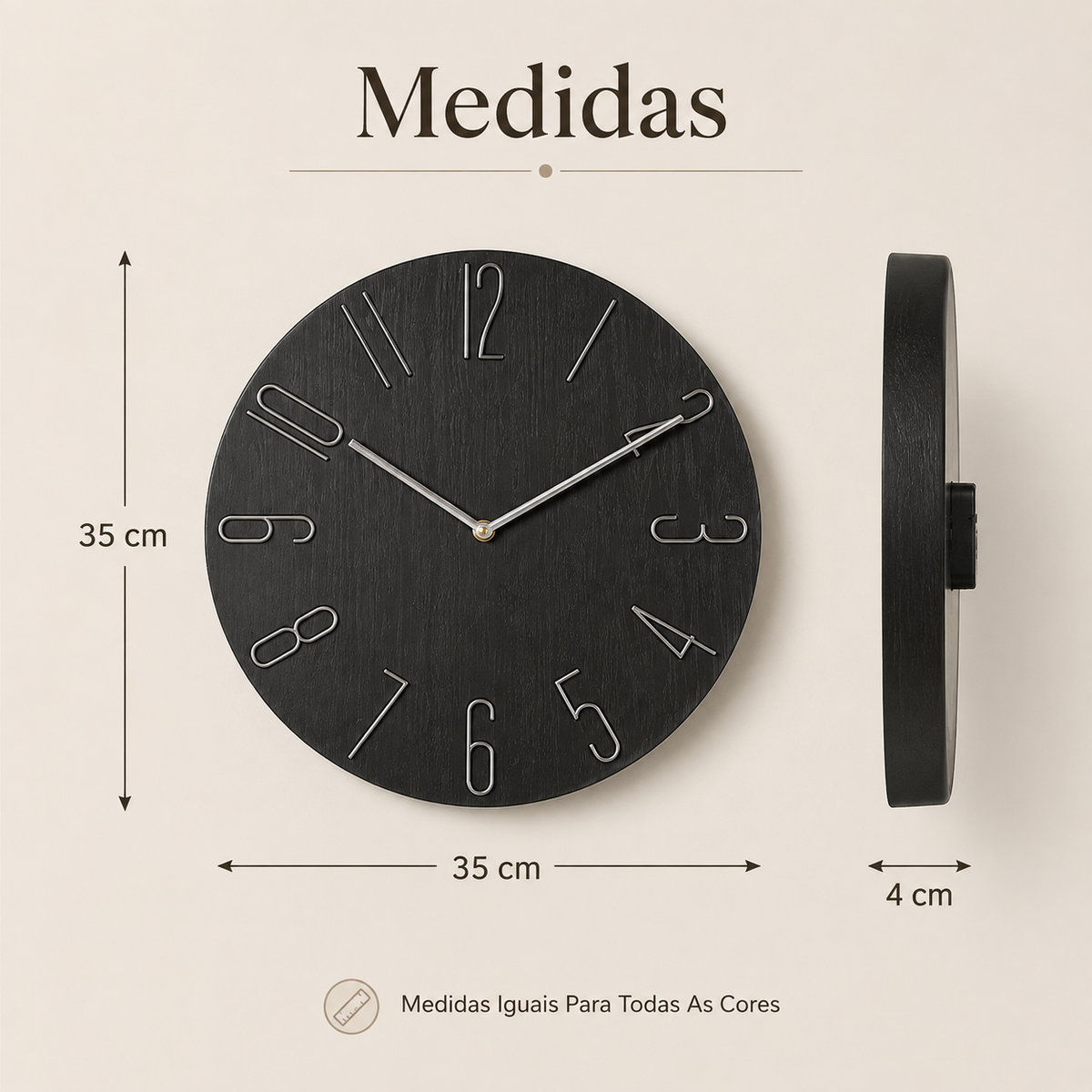 Relógio De Parede Minimalista Com Números Metálicos - Preto