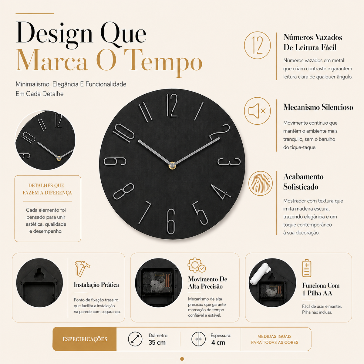 Relógio De Parede Minimalista Com Números Metálicos - Preto