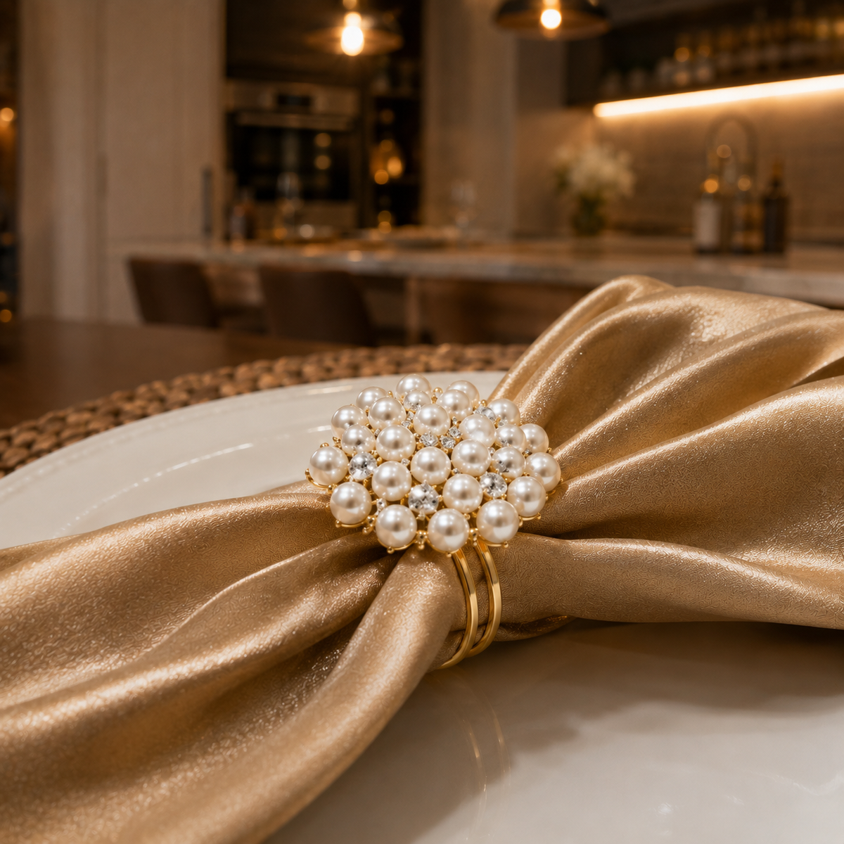 Kit Porta-Guardanapos Florais - Pérolas Strass e Acabamento Dourado - 6 Peças