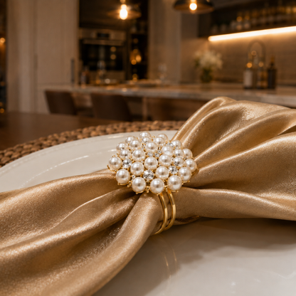 Kit Porta-Guardanapos Florais - Pérolas Strass e Acabamento Dourado - 6 Peças