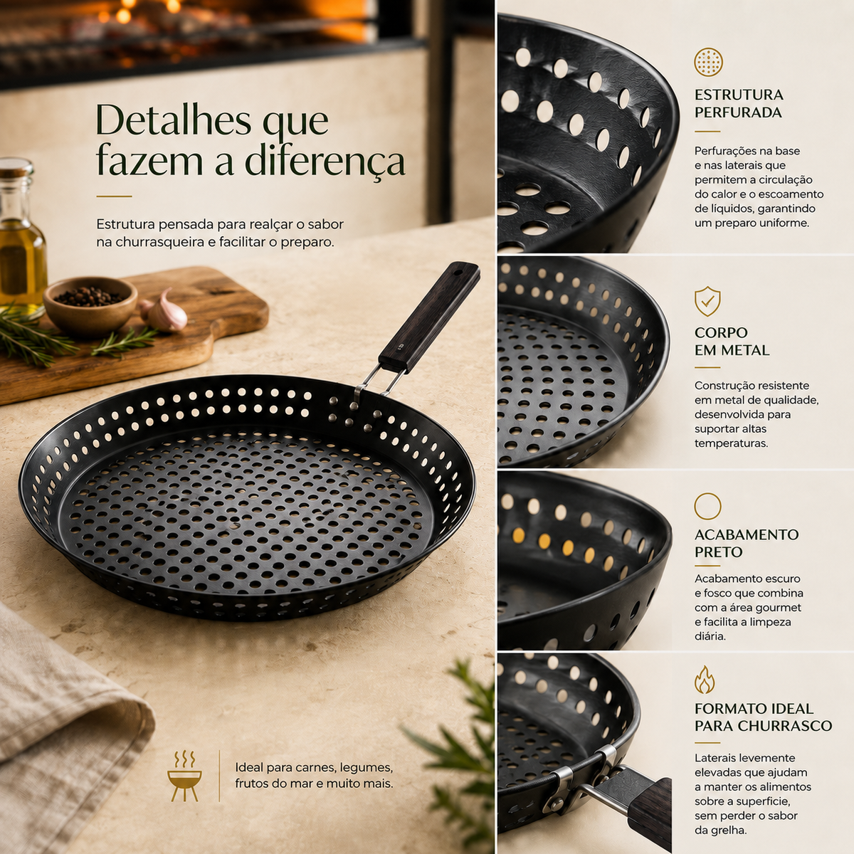 Frigideira grill perfurada com cabo dobrável de madeira para churrasqueira