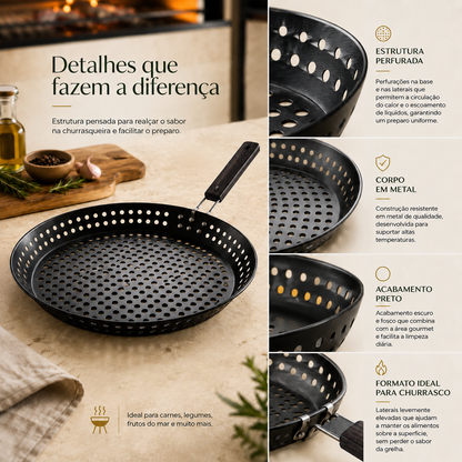 Frigideira grill perfurada com cabo dobrável de madeira para churrasqueira