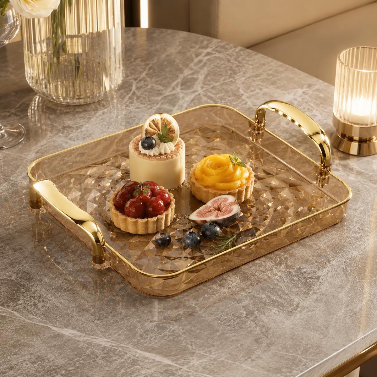 Bandeja Decorativa Facetada Com Alças Metálicas Média