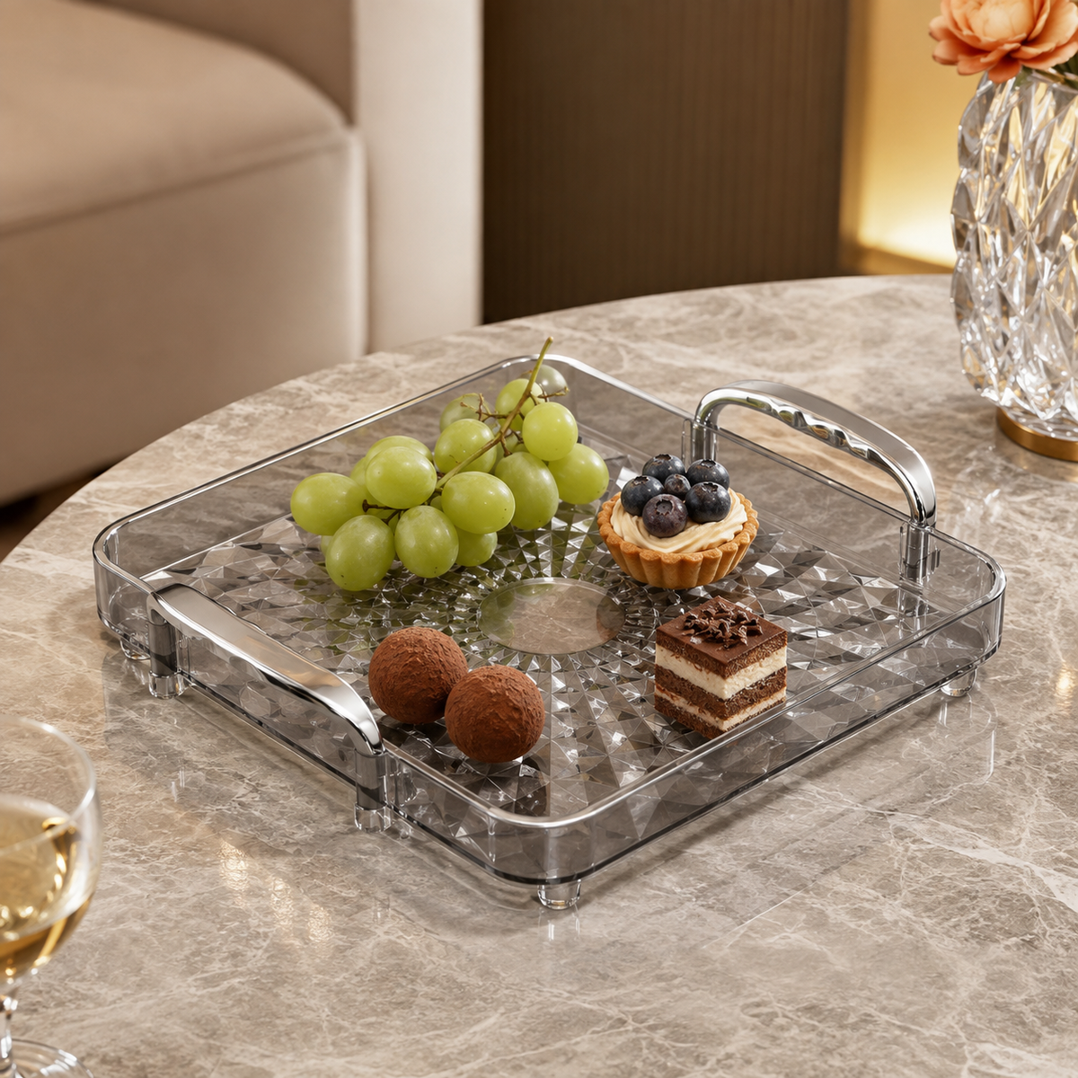 Bandeja Decorativa Facetada Com Alças Metálicas - Média