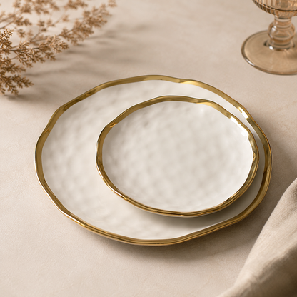 Prato Cerâmico Orgânico Borda Dourada - Ivory