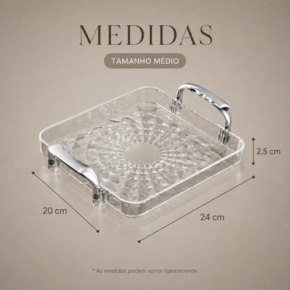 Bandeja Decorativa Facetada Com Alças Metálicas - Média