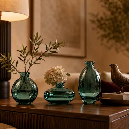 Conjunto de Mini Vasos Decorativos em Vidro Verde Translúcido