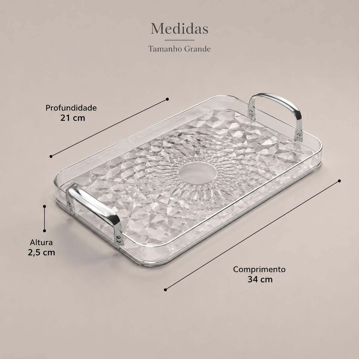 Bandeja Decorativa Facetada Com Alças Metálicas - Grande