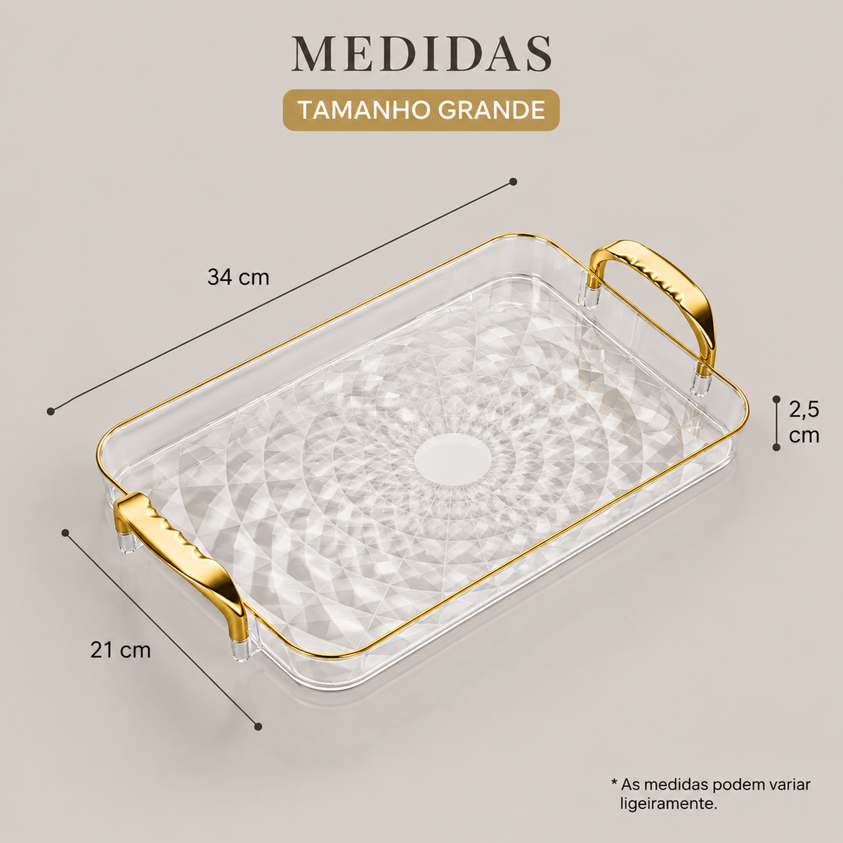 Bandeja Decorativa Facetada Com Alças Metálicas Grande