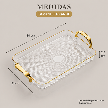 Bandeja Decorativa Facetada Com Alças Metálicas Grande