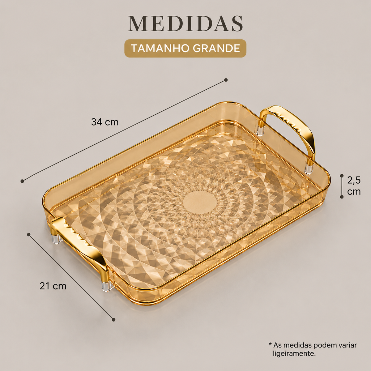 Bandeja Decorativa Facetada Com Alças Metálicas - Grande
